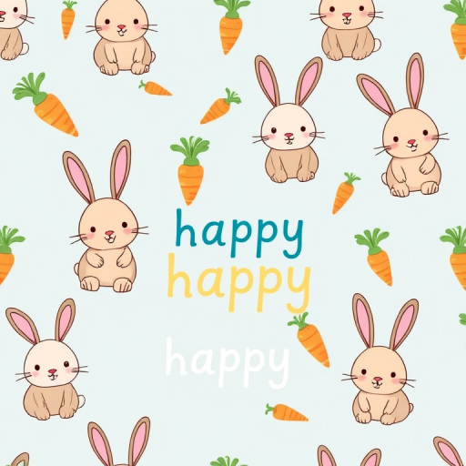 Create a seamless pattern featuring cute cartoon rabbits with long ears, colorful carrots, and the word "happy" in a whimsical font on a soft blue background, captured with a digital camera, 50mm lens, f/2.8 aperture, ISO 200, high-resolution setting.