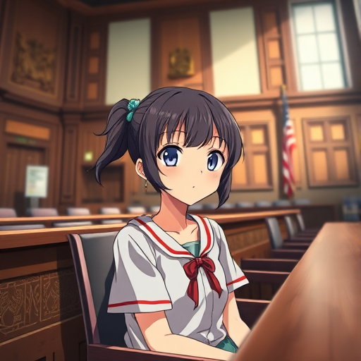 anime-style courtroom scene with a young girl sitting, wide-angle view, f/2.8 aperture, ISO 100, 24mm lens, soft natural lighting, high contrast, detailed background elements