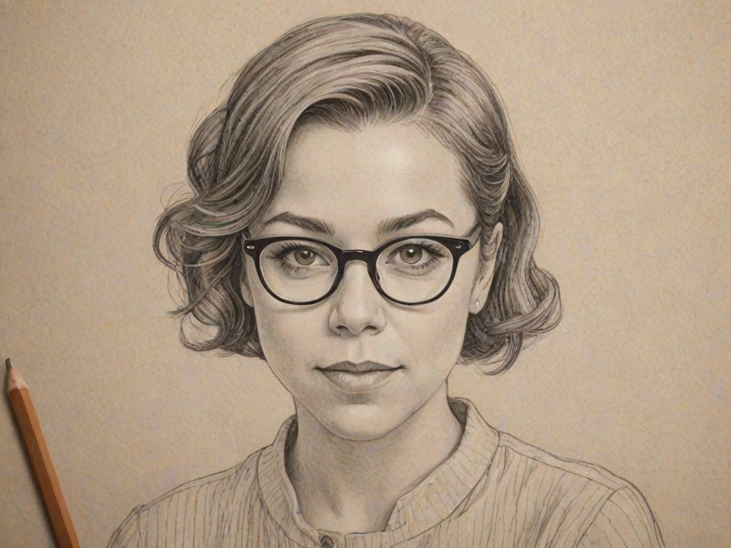 Radiant Tina Majorino, pencil sketch, portrait of Lovely woman 1925s in glasses, hair style beatnik, outline, clear lines, fine lines, 8k