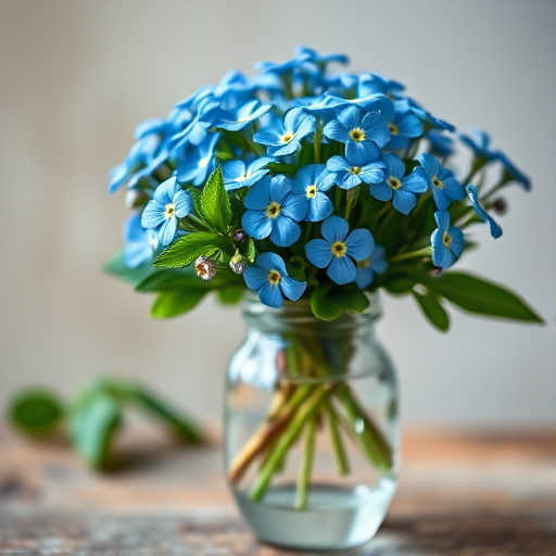 regenerate a still life painting of forget-me-nots in a glass vase with a focus on vibrant blue flowers and green foliage, use a 50mm lens with f/2.8 aperture, soft natural lighting, capture in a high-resolution DSLR format