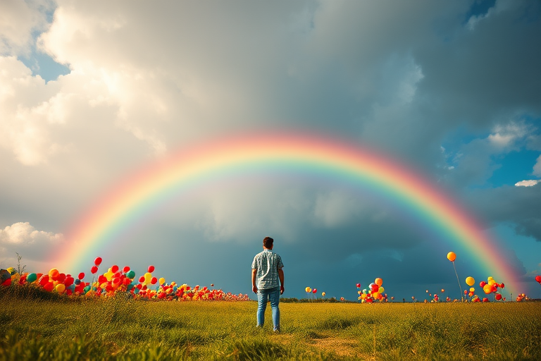 Generate an image of a person standing in a field with a vibrant rainbow and colorful clouds filled with balloons in the background, using a DSLR camera with a 50mm lens at f/1.8, ISO 100, 1/200 sec shutter speed, shot from a low angle to emphasize the scale of the rainbow, and in bright daylight to enhance colors and detail.