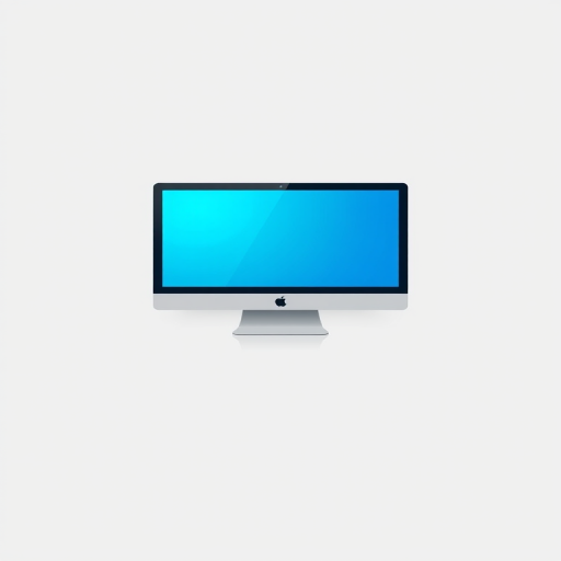Regenerate a clean and modern illustration of a desktop computer monitor with a blue screen, flat design style, using a Canon EOS 5D Mark IV camera, aperture at f/8, ISO 100, 24mm focal length, and top-down angle to enhance image quality.