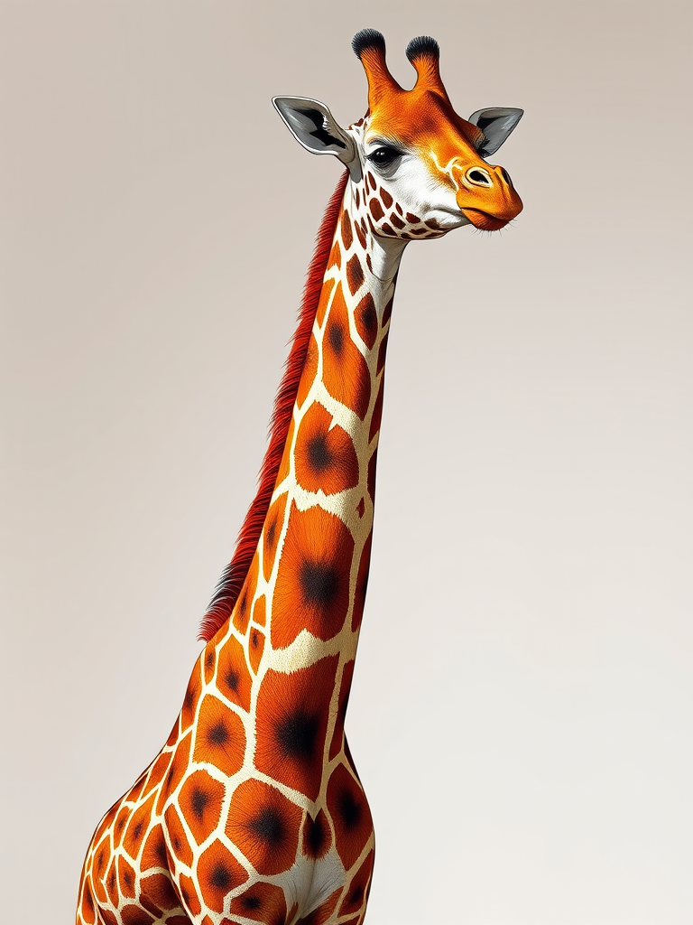Create a detailed illustration of a standing giraffe with vibrant colors and clear lines, captured in a bright studio setting using a DSLR camera with a 50mm lens at f/2.8 for shallow depth of field, ISO 100, and natural lighting to enhance the image quality and texture.