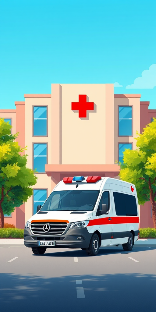 Create a high-resolution illustration of a modern ambulance parked in front of a stylized hospital with a red cross symbol, surrounded by green trees and a clear blue sky, using a vibrant color palette, shot with a Canon EOS R6 at f/8, ISO 100, 35mm lens, daytime lighting.