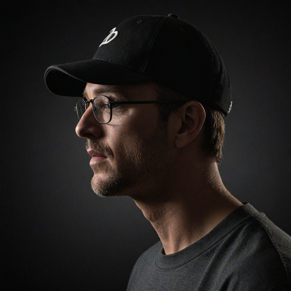 Create an image of a man in profile wearing a baseball cap and glasses, with a dark background and a single light source illuminating his face.
