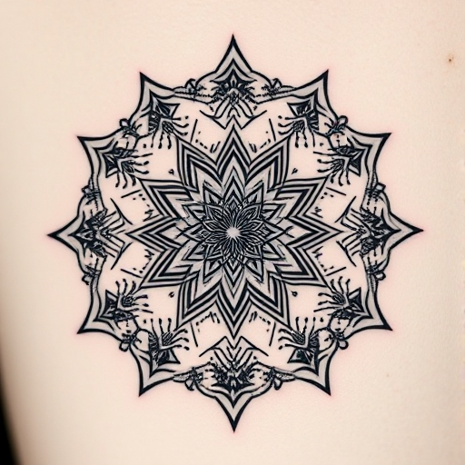 Dotwork mandala tattoo named "Cosmic Meditation" creating intricate geometric patterns and sacred symbols using thousands of tiny dots in varying densities