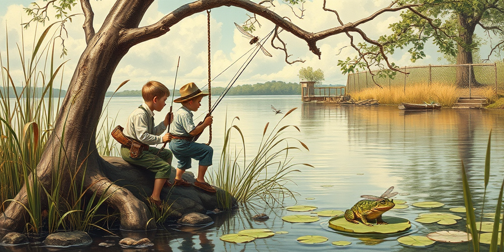 Imagine a small group of old fashioned young boys out fishing by the creek, a swing hanging from a tree branch, reeds and grasses by the water's edge, a frog sitting on a lily pad, dragonflies hovering over som water plans, a very iconic old fashioned scene reminiscent of a Norman Rockwell painting style