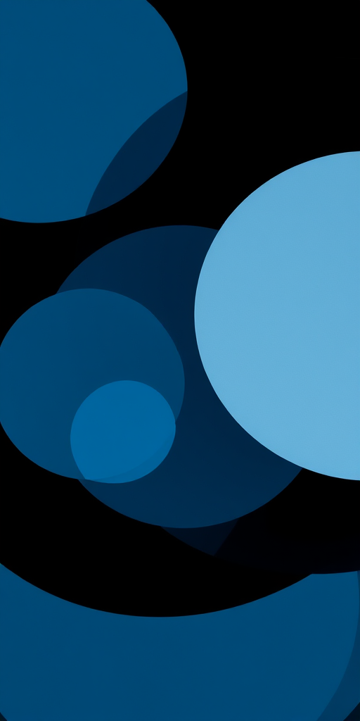 Create an abstract image of overlapping blue and white concentric circles on a black background, using a Canon EOS R5 with a 50mm lens, aperture set to f/2.8, ISO 100, and a shutter speed of 1/60s, capturing a high-resolution digital artwork that emphasizes depth and contrast.