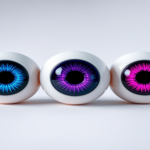 Create a vivid illustration of three stylized eyeballs in a row, featuring blue, purple, and magenta irises, high resolution, DSLR camera, f/2.8 aperture, 50mm lens, soft focus background, symmetrical composition.