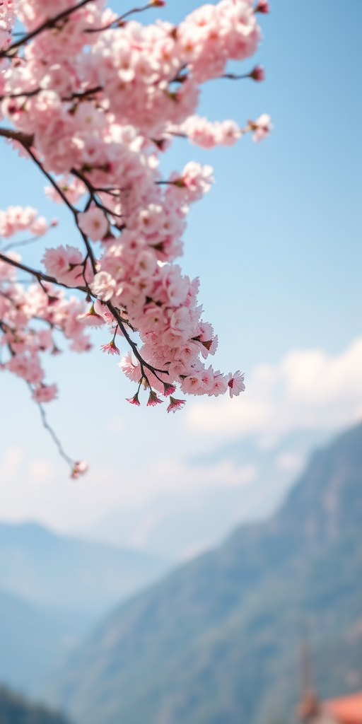 Create a high-resolution digital art piece depicting a serene mountain landscape with a cherry blossom tree in full bloom, captured in soft focus using a DSLR camera with a 50mm lens at f/2.8, ISO 100, and a wide-angle view, emphasizing vibrant colors and gentle lighting to enhance the overall tranquility of the scene.