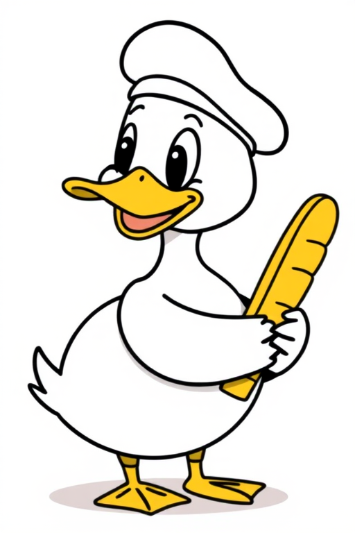 Draw a cartoon duck wearing a beret holding a baguette in its wing with a simple black outline style on a white background.
