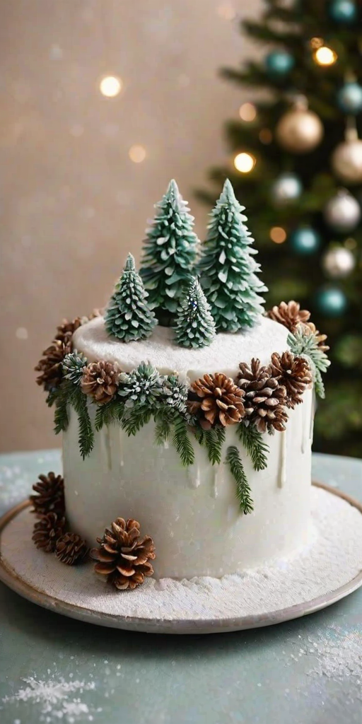 Create an image of a festive winter-themed cake. The cake should be white and decorated with snow-covered pinecones, frosted greenery, and shimmering ornaments. Add a touch of sparkle with edible glitter, and ensure the overall look is elegant and wintry.