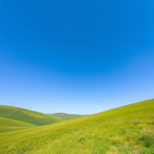 Generate a high-resolution image of a serene landscape featuring rolling hills under a clear blue sky, with vibrant green grass and a few scattered wildflowers, taken with a DSLR camera at f/8 aperture, ISO 100, 50mm lens, top-down view.