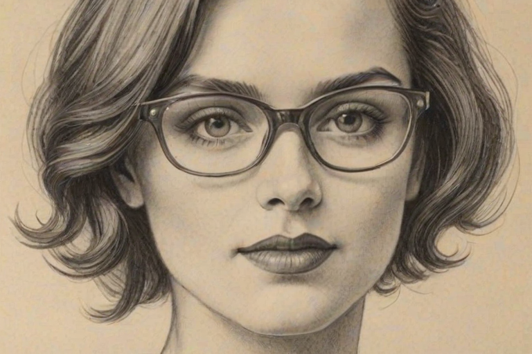 Dazzling Sophie Winkleman, pencil sketch, portrait of Graceful woman 1924s in glasses, hair style beatnik, outline, clear lines, fine lines, 8k