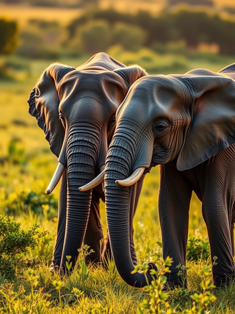 Capture a close-up image of two elephants interacting in a lush, green landscape, using a Canon EOS 5D Mark IV, with a 70-200mm f/2.8 lens, aperture set to f/4, ISO 400, shutter speed at 1/500 sec, taken during the golden hour for soft lighting and enhanced color vibrancy.