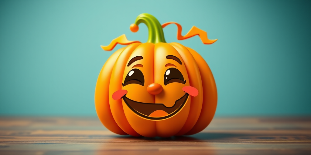 Generate a vibrant and playful cartoon pumpkin with orange and green accents, using a DSLR camera with a 50mm lens, f/2.8 aperture, ISO 100, 1/200s shutter speed, captured from a slight upward angle to enhance its cheerful expression and details, bright lighting to emphasize colors and texture.