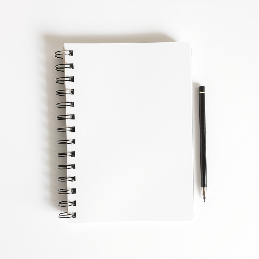 Create a high-resolution image of a blank spiral notebook page, shot from an overhead view with a Canon EOS R5 camera, using a 50mm lens at f/2.8 aperture, ISO 100, and 1/125 shutter speed for optimal clarity and detail.
