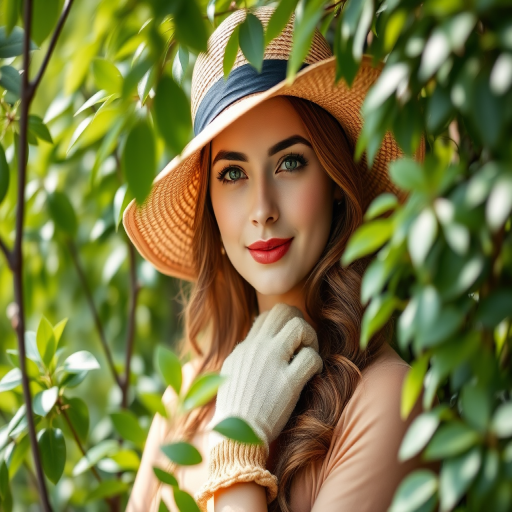 Portrait of a woman wearing a straw hat and gloves surrounded by lush green foliage, natural light, aperture f/2.8, ISO 100, 50mm lens, soft focus, taken with a DSLR camera.