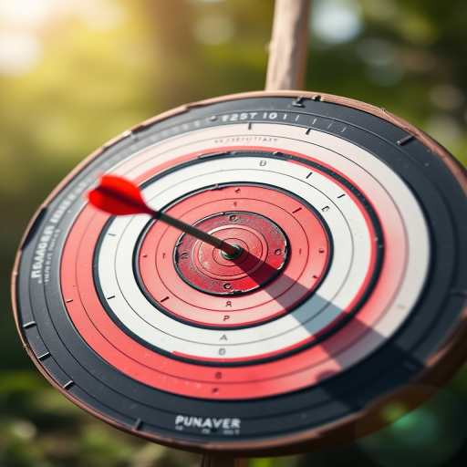 Create a high-resolution image of a bullseye target with an arrow stuck in the center, using a DSLR camera with a 50mm lens, f/2.8 aperture, ISO 100, 1/200 sec exposure, shallow depth of field, and a bright natural lighting setup.