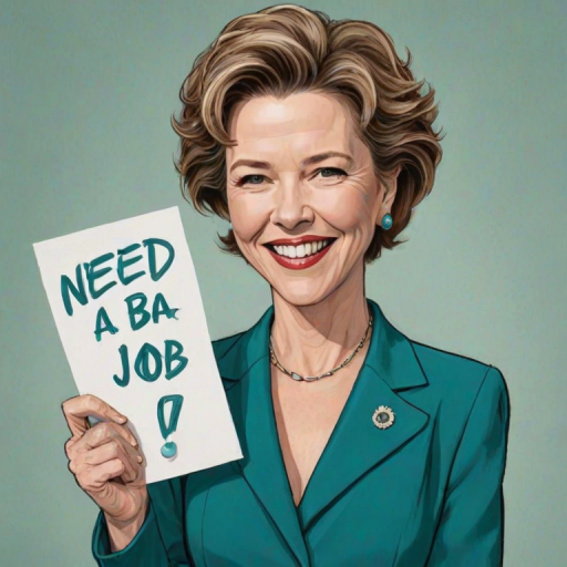 caricature of a smiling Annette Bening in a Teal dress or suit, holding up a sign that says "NEED A JOB", no watermark,