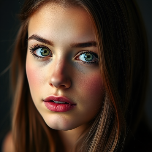 regenerate the image of a young woman with long brown hair and bright green eyes, using a soft lighting setup, 50mm lens, f/1.8 aperture, ISO 100, portrait mode, low-key background for enhanced depth and focus on the subject.