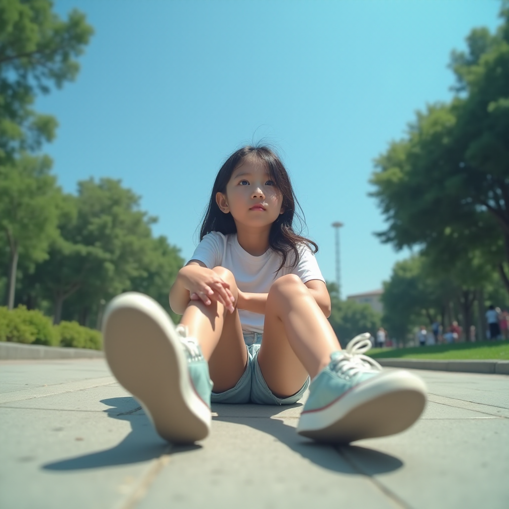 Generate an ultra-realistic, highly detailed, high-definition photograph. It's a photo of a girl sitting on the floor. She's looking at the horizon. The photo is taken from the bottom up, at ground level. The girl's sneakers are in the foreground, in the center of the scene. The girl is wearing light clothes, a t-shirt and short shorts. The sky is blue. Bright environment. The background is a blurred image of a park.