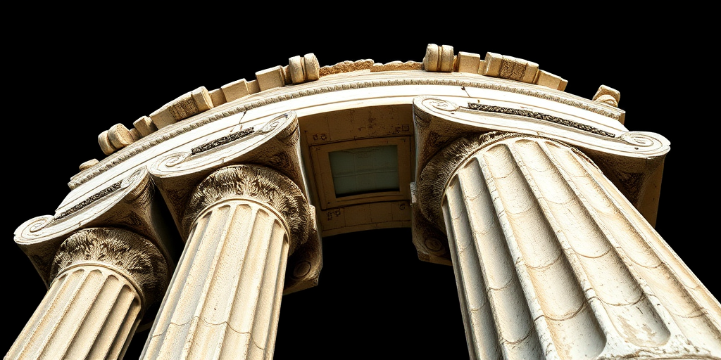 Regenerate an image of a classical Greek column with detailed textures, shot using a DSLR camera with an aperture of f/8, ISO 100, focal length of 50mm, in a low-angle view against a black background to enhance contrast and clarity.