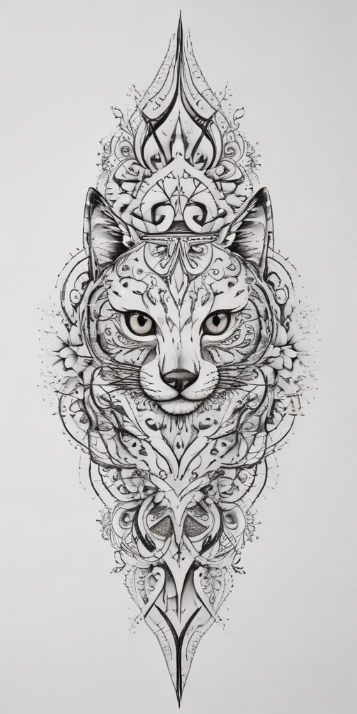 Intricate Black and White Illustration of a Majestic Cat with Ornate ...