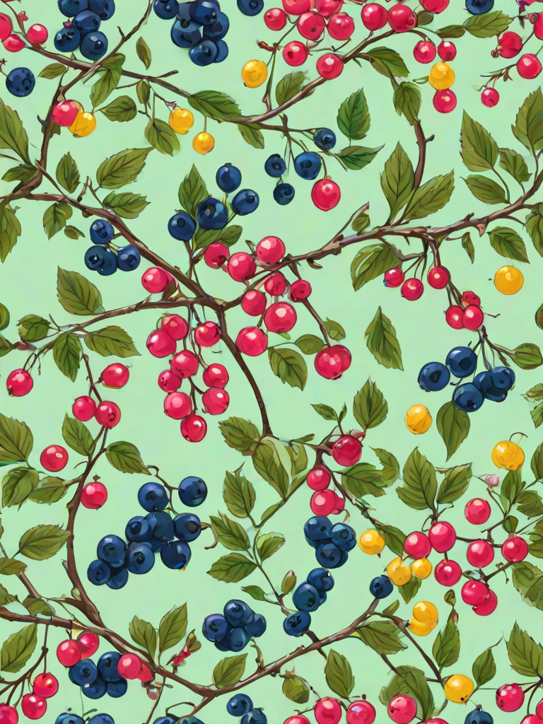 Create a seamless pattern featuring branches with various colorful berries including pink, green, blue, purple, and yellow, against a light green background.