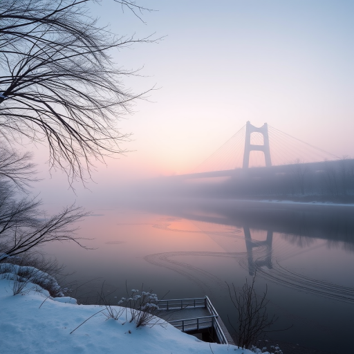 Capture a serene winter scene of a cable-stayed bridge over a misty river at dawn, using a DSLR camera, 50mm lens, f/8 aperture, ISO 100, and a shutter speed of 1/125 sec, with a wide-angle view to include the fog and reflections in the water.