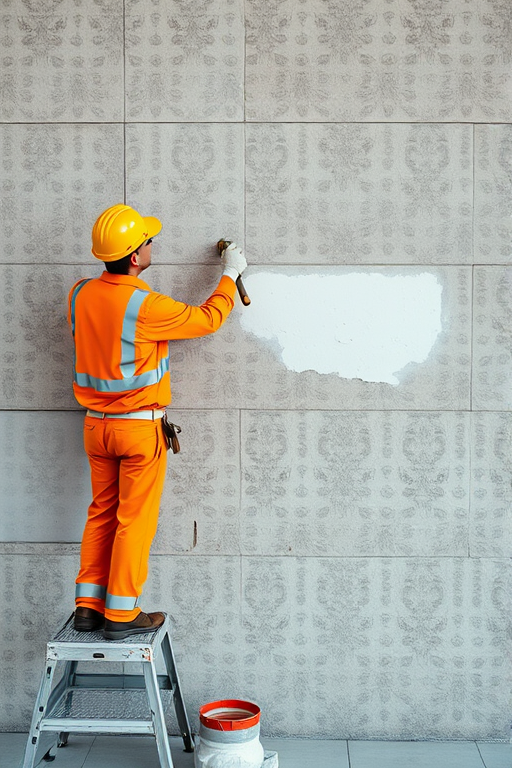 Create an image of two construction workers in orange uniforms painting a textured wall with a detailed pattern, captured with a Canon EOS R5, 50mm lens, f/2.8 aperture, ISO 100, in a high-angle view to emphasize their activity and the wall's surface.