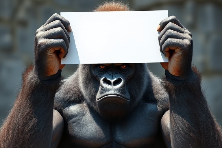 A realistic illustration of a muscular gorilla with a serious expression holding up a blank white sign, captured in high resolution with a Canon EOS R5, 85mm f/1.2 lens, aperture set to f/2.8, ISO 100, in natural light.