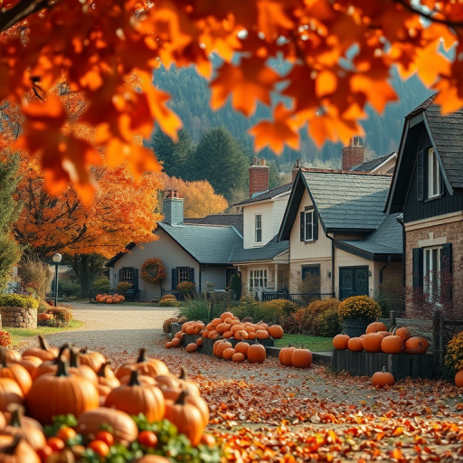 Autumn village scene with houses and pumpkins, vibrant orange leaves, warm lighting, 50mm lens, f/8 aperture, ISO 100, slight vignette for focus, shot with a digital DSLR camera from a low angle for depth.