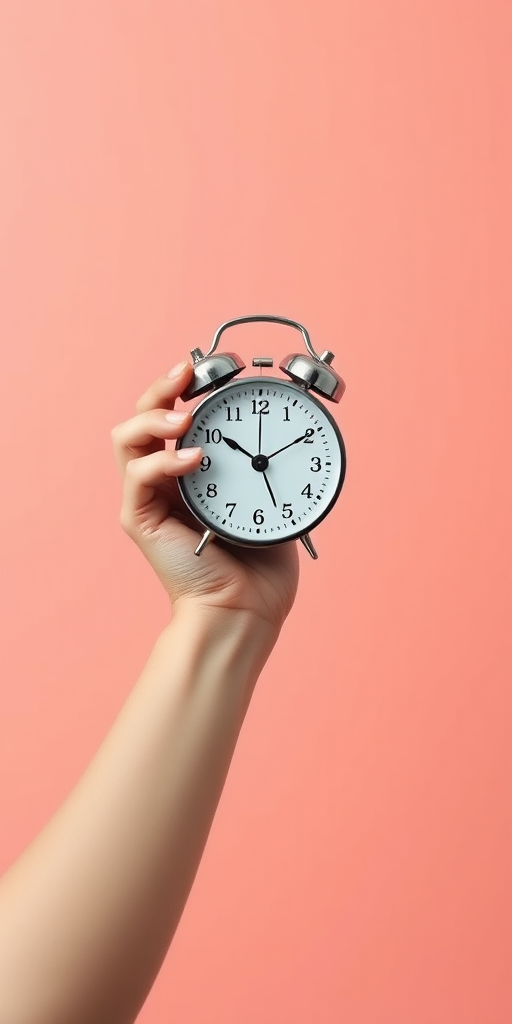 Create a minimalistic illustration of a person holding an alarm clock with a coral background, using a Canon EOS 5D Mark IV, 50mm lens, f/2.8 aperture, ISO 100, and natural lighting for enhanced clarity and depth.