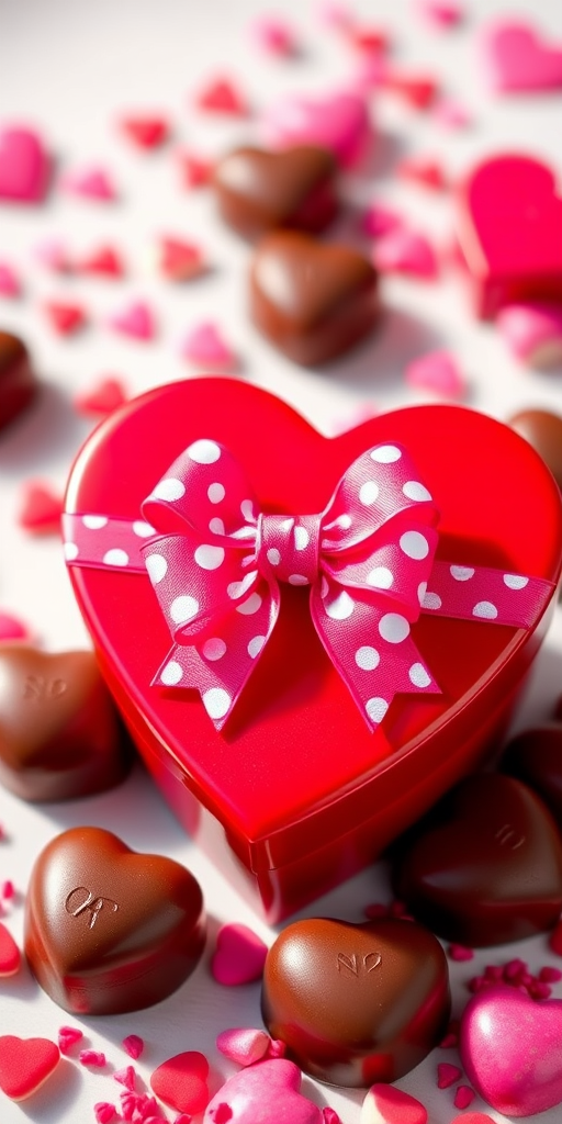 Generate a vibrant illustration of a red heart-shaped box of chocolates with a pink polka dot bow, using a DSLR camera with an aperture of f/2.8, ISO 100, and a 50mm lens, captured in a close-up view and bright, natural lighting to enhance details and colors.