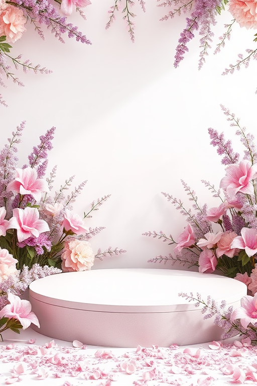 create a serene floral backdrop with a circular stage, using soft pink and lavender flowers, soft natural lighting, f/2.8 aperture, 50mm lens, taken from eye level, in high-resolution digital format