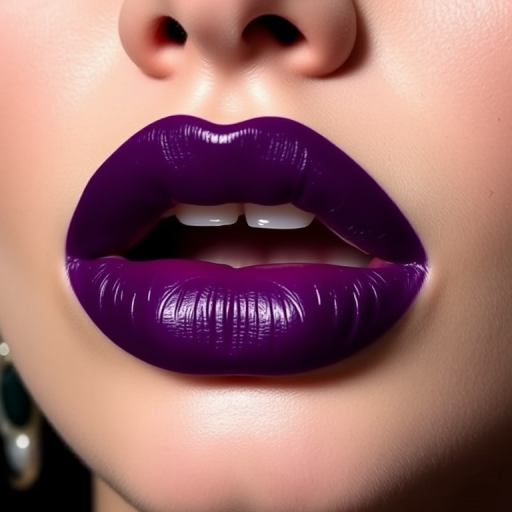 Deep purple lips with a satin finish, showcasing a bold and dramatic look, perfect for making a statement at an avant-garde fashion event