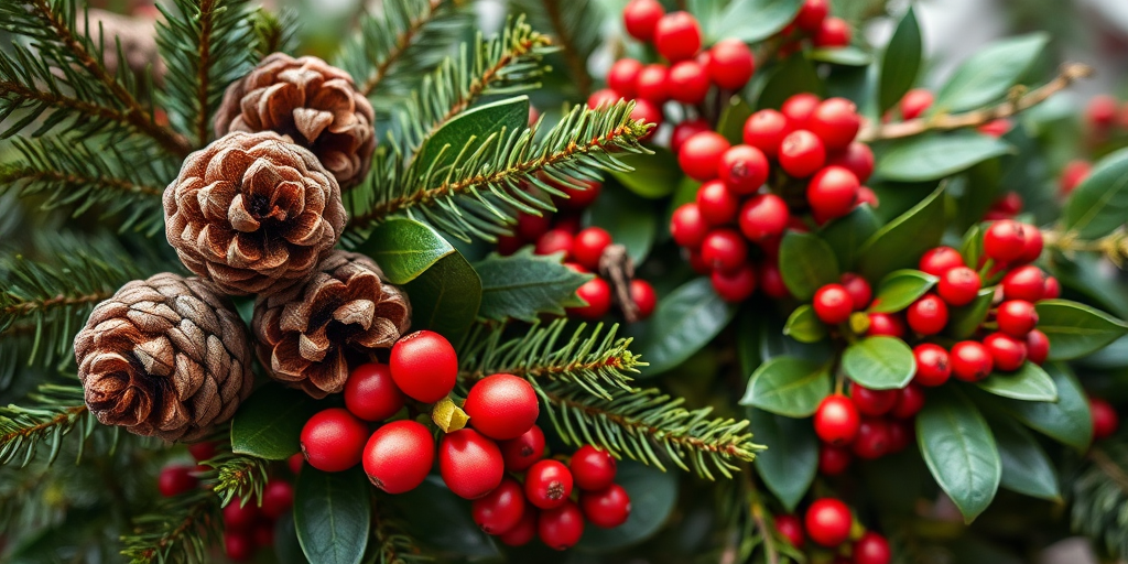 Generate an image of festive botanical elements including pine branches with cones, holly leaves and berries, and mistletoe, using a DSLR camera with a 50mm lens, aperture f/2.8, ISO 100, at a 45-degree angle for depth of field, focusing on vibrant colors and details in a well-lit environment.
