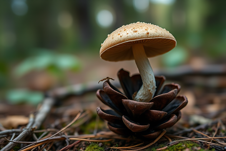 Create a macro shot of a mushroom growing on a pine cone with a blurred forest background, using a DSLR camera, f/2.8 aperture, 100mm lens, ISO 200, and natural light to enhance image quality.