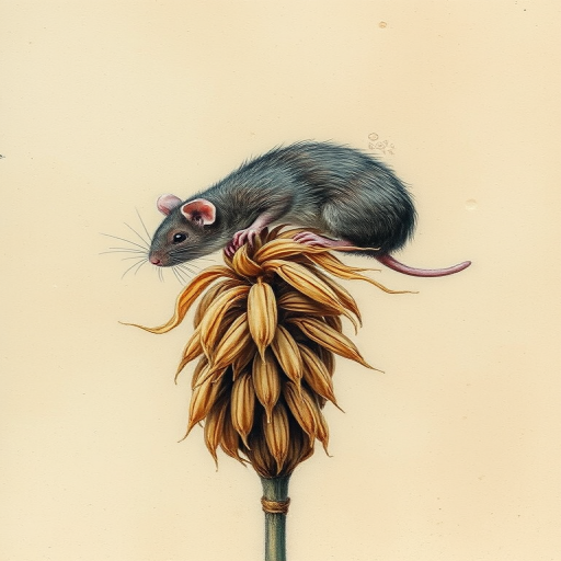 Soft, muted Alcohol Ink with ebru effect background image of tiny whimsical rat, who climbed high on the top of a golden rye ear.
