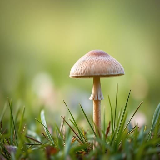 capture a single mushroom standing in grass with a soft-focus background, using a Canon EOS R5 camera, aperture f/2.8, shutter speed 1/200s, ISO 100, macro lens, natural soft lighting, slight upward angle to highlight the mushroom's cap