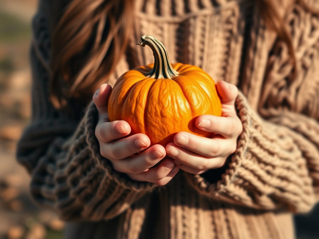 A person holding a small pumpkin in their hands, wearing a cozy knitted sweater, close-up shot, soft natural lighting, DSLR camera, aperture f/2.8, ISO 100, focal length 50mm, shallow depth of field, warm color tones.