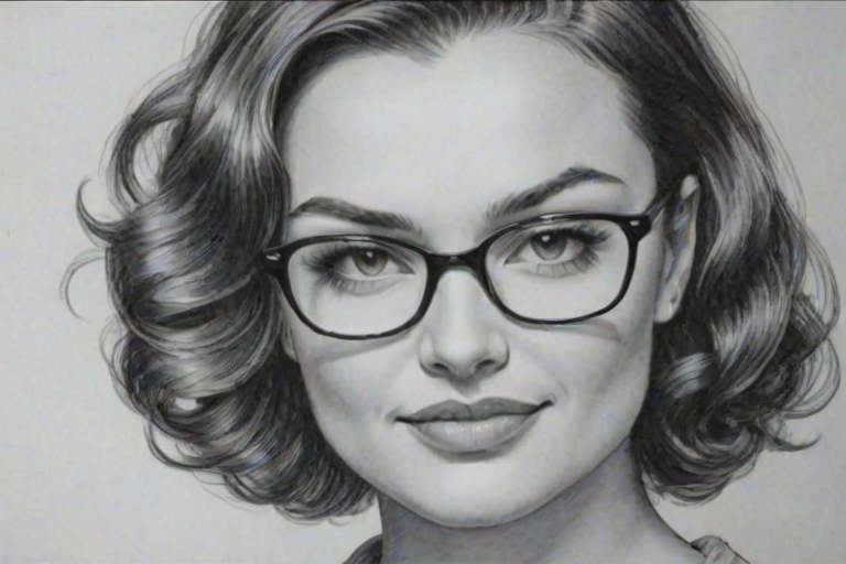 Radiant Christina Ochoa, pencil sketch, portrait of Delightful woman 1937s in glasses, hair style beatnik, outline, clear lines, fine lines, 8k