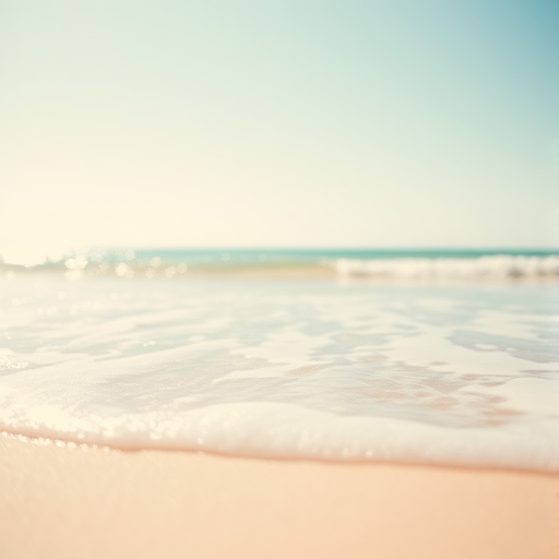 create a serene beach scene with soft pastel colors, bright sunlight, and gentle waves in the foreground, using a DSLR camera with a 50mm lens, aperture f/2.8, ISO 100, shutter speed 1/250s, taken from a low angle to capture depth and enhance colors, in a bright and airy style.