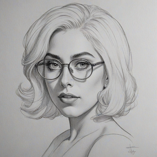 Graceful Lady Gaga, pencil sketch, portrait of Attractive woman 1955s in glasses, hair style beatnik, outline, clear lines, fine lines, 8k