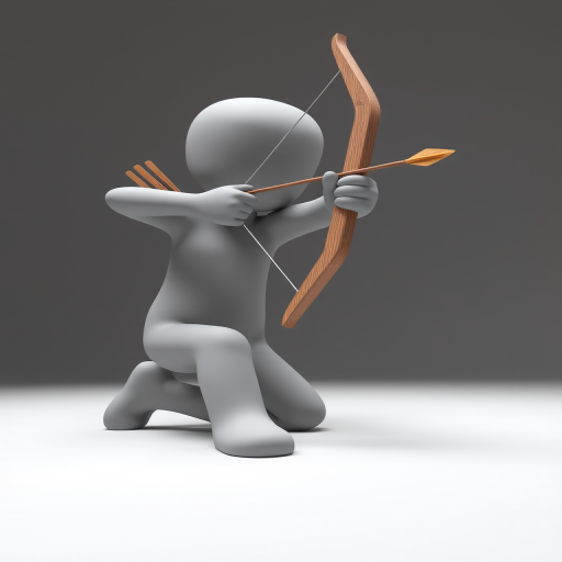 3D character model of a gray figure kneeling and aiming a wooden bow and arrow, studio lighting, 50mm lens, f/2.8 aperture, ISO 100, shot from a low angle for dramatic effect, high-definition rendering.