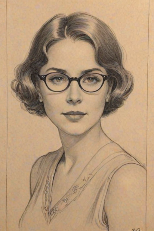 Charming Amy Pietz, pencil sketch, portrait of Comely woman 1929s in glasses, hair style beatnik, outline, clear lines, fine lines, 8k