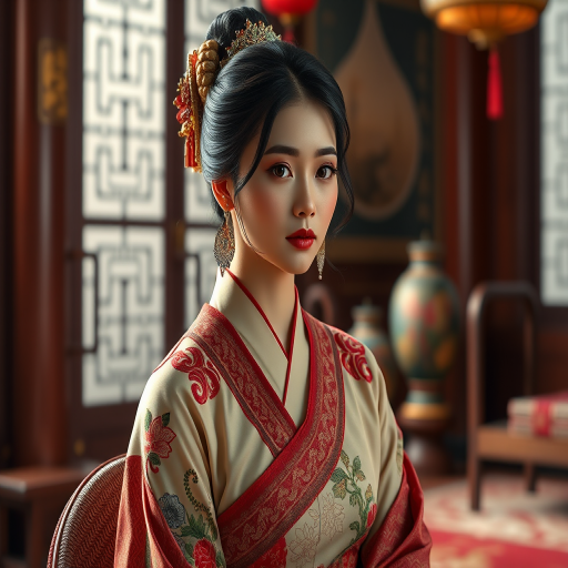 A beautiful woman in traditional East Asian attire, intricately detailed with embroidered patterns, sitting gracefully in a richly decorated room, soft ambient lighting, serene and elegant, ultra-realistic, 8K resolution