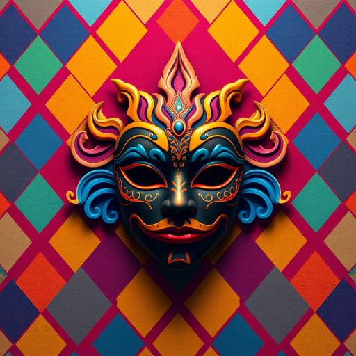 Create a vibrant digital illustration of a decorative mask centered against a colorful diamond-patterned background, using a Canon EOS R5, aperture f/2.8, ISO 100, 24mm lens, shot in portrait mode for enhanced detail and clarity.