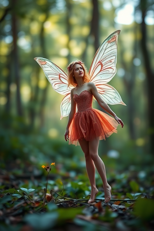 A mystical fairy with delicate wings, standing gracefully in a lush forest, soft focus, vibrant colors, natural lighting, DSLR camera, 50mm lens, aperture f/2.8, ISO 200, shutter speed 1/100, depth of field effect.